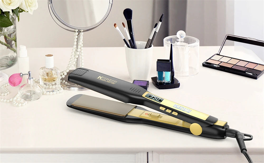 KIPOZI Professional Titanium Flat Iron Hair Straightener with Digital LCD Display Dual Voltage Instant Heating Curling Iron
