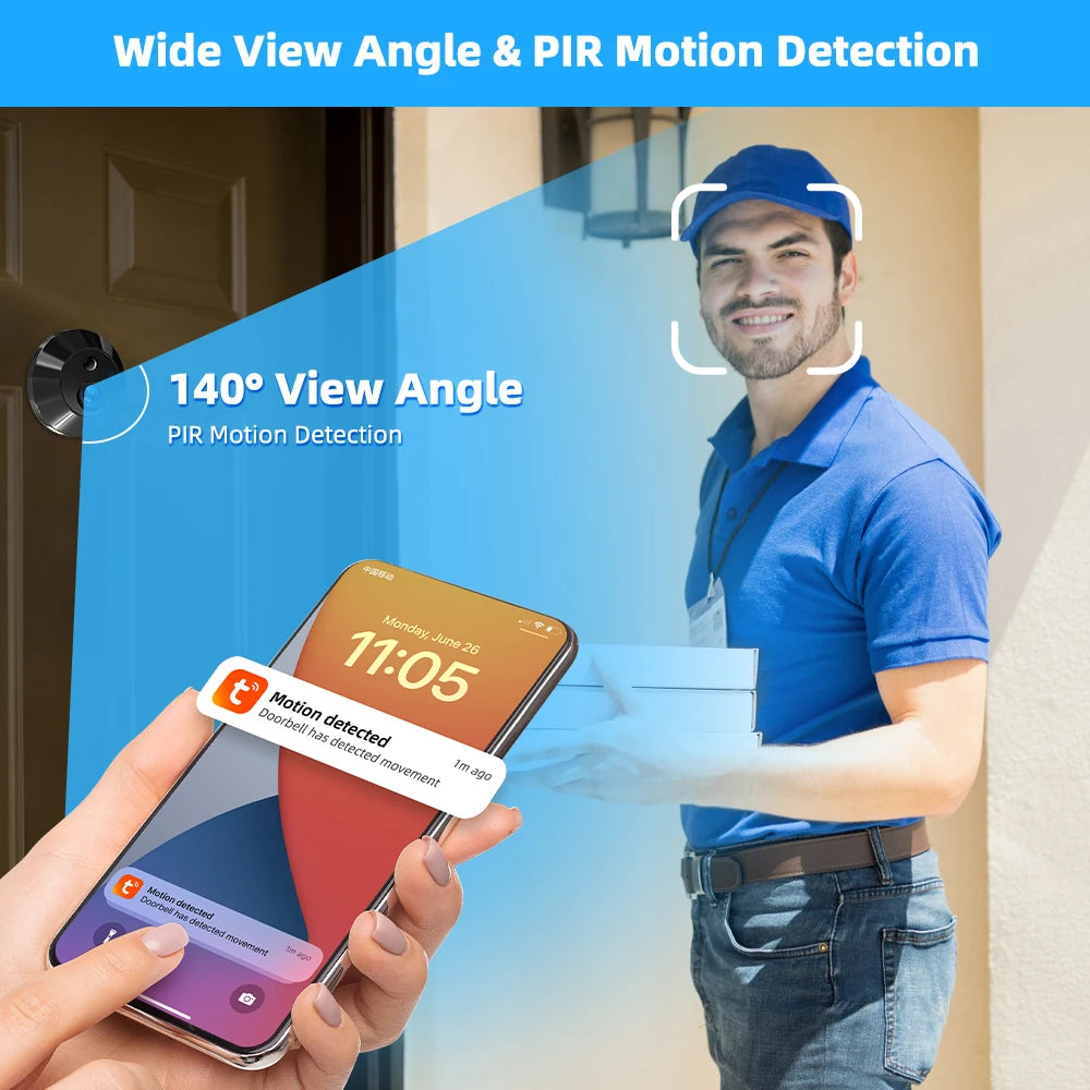 Tuya Smart Life APP 3MP 140° Wide View 2.4G Wifi Door Peephole Eye PIR Digital Night Vision Viewer Battery Camera Alexa Google