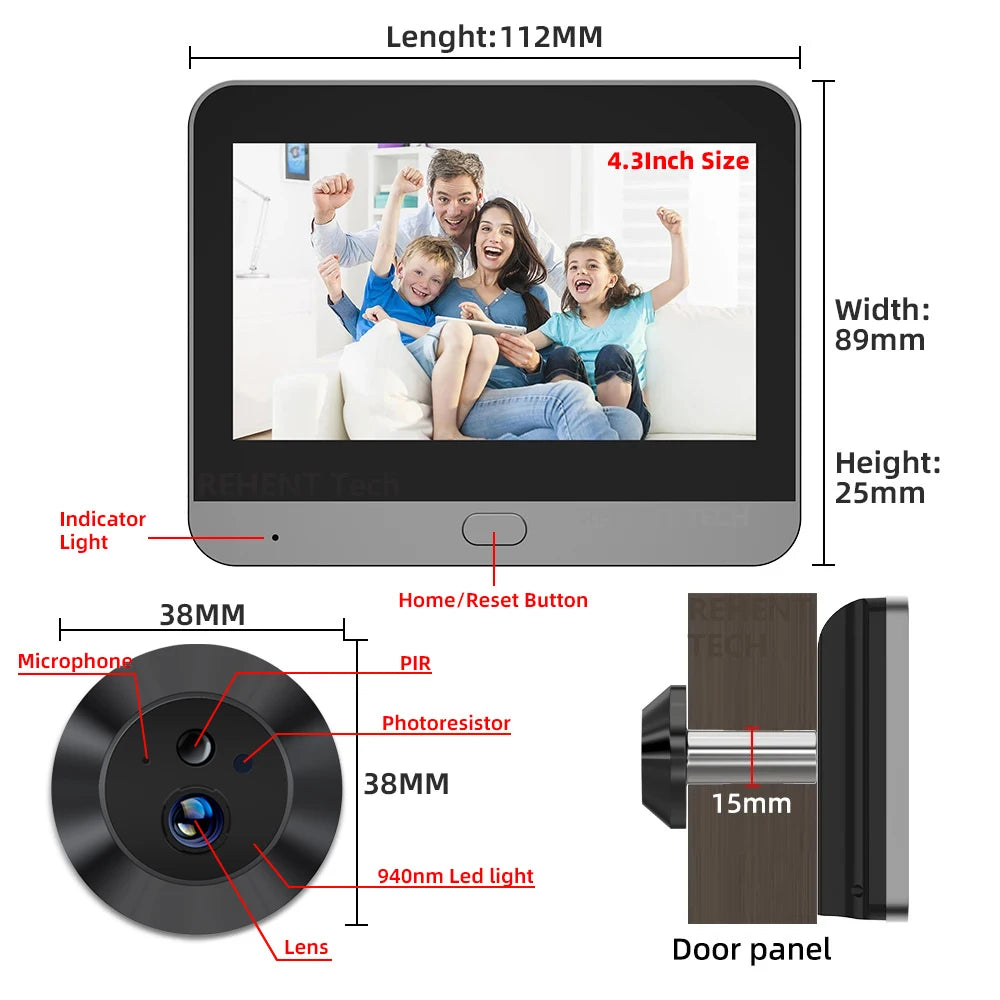 Tuya Smart Life APP 3MP 140° Wide View 2.4G Wifi Door Peephole Eye PIR Digital Night Vision Viewer Battery Camera Alexa Google
