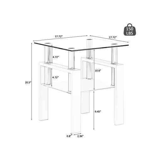 1-Piece Modern Tempered Glass Tea Table Coffee Table End Table, Square Table For Living Room, Transparent White